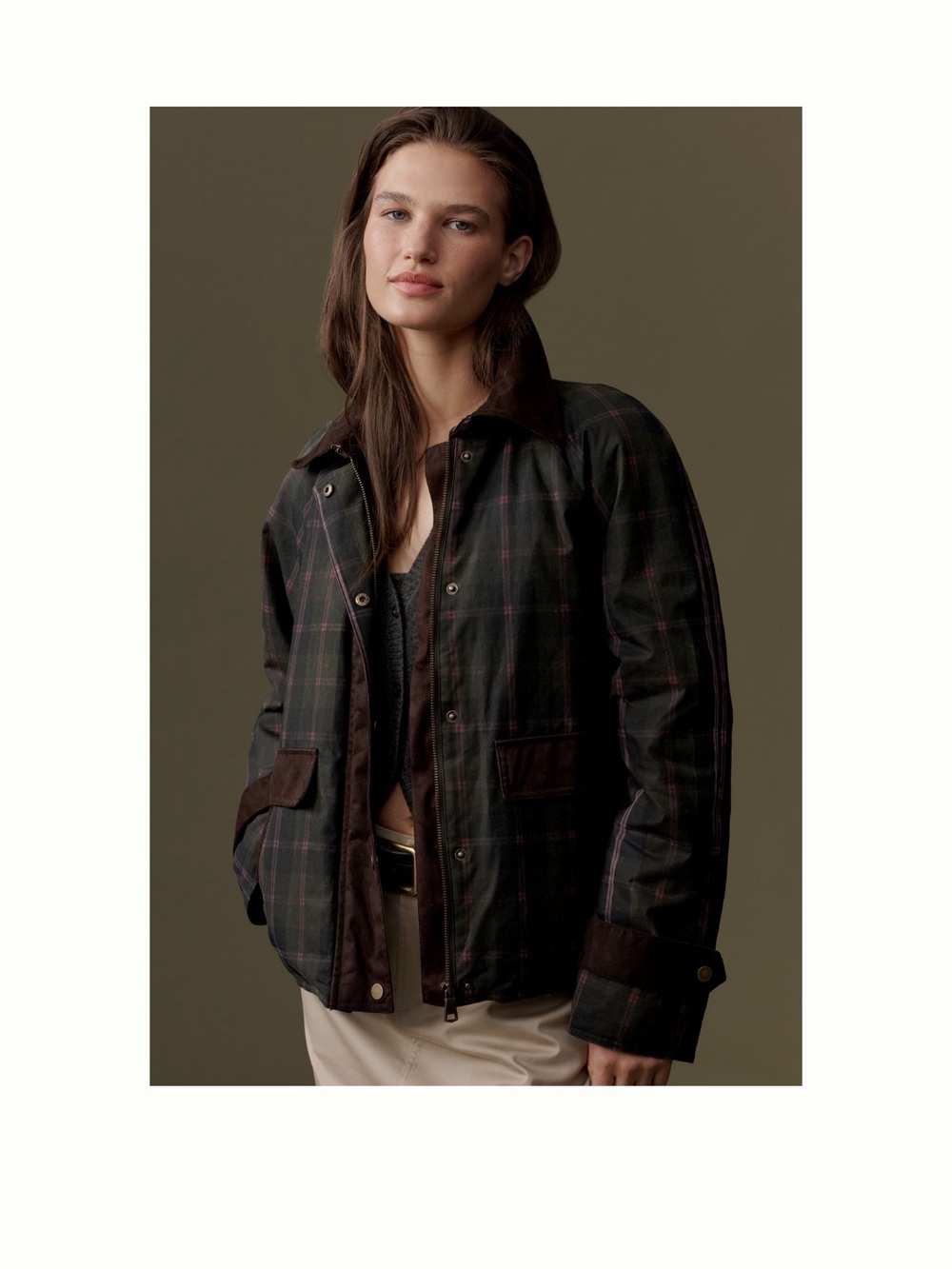 NVLT Dark Plaid Utility Jacket with Brown Trim